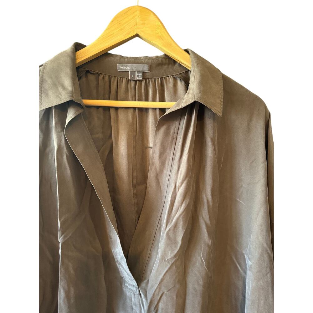 Vince | 100% Silk Taupe Split Neck Tunic Blouse  | Size Large